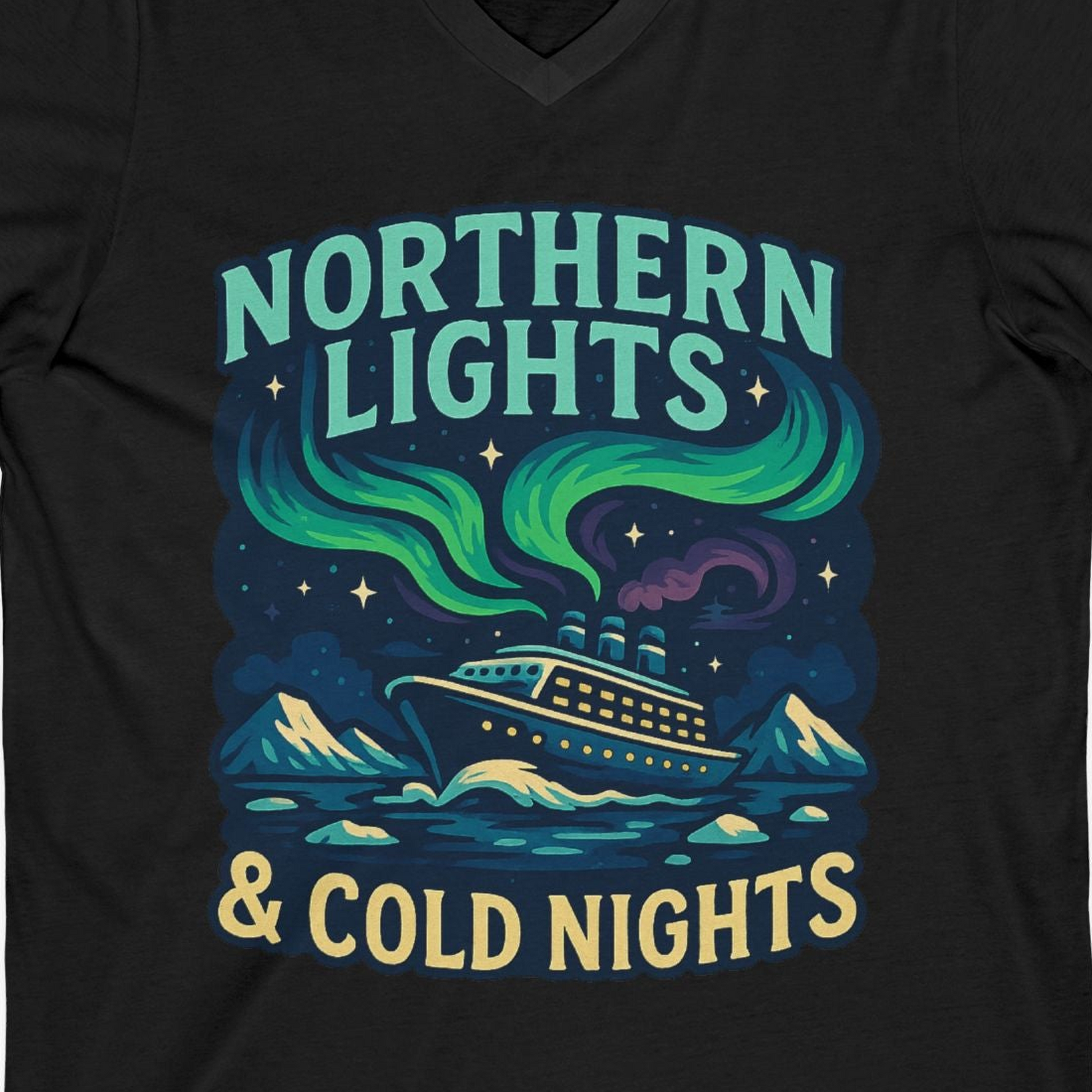 Northern Lights Alaska Cruise Ship Night Adventure Travel Shirt — V-Neck V-Neck Shirt – Black – Alaska Cruise Shirts Close Up