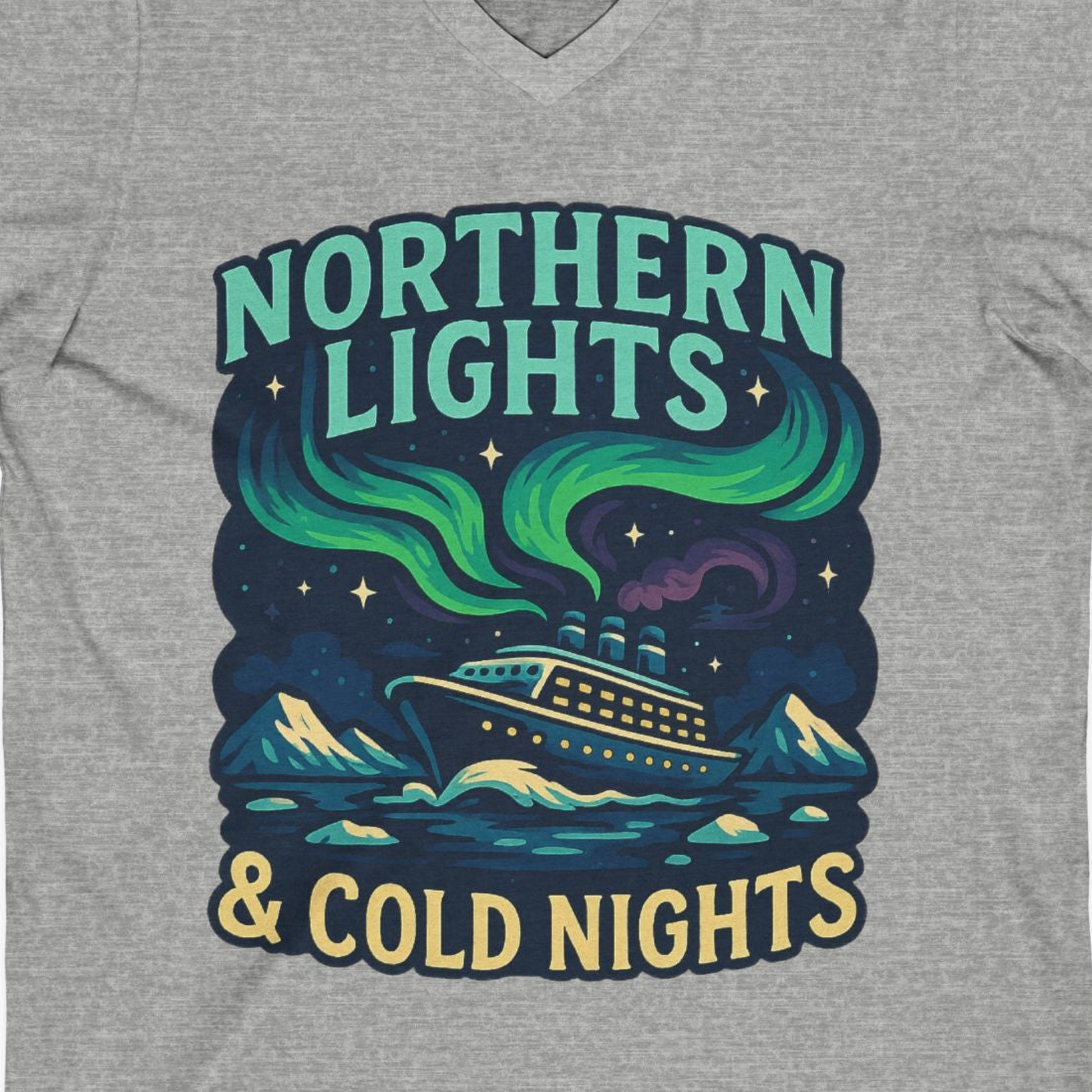 Northern Lights Alaska Cruise Ship Night Adventure Travel Shirt — V-Neck V-Neck Shirt – Athletic Heather – Alaska Cruise Shirts Close Up