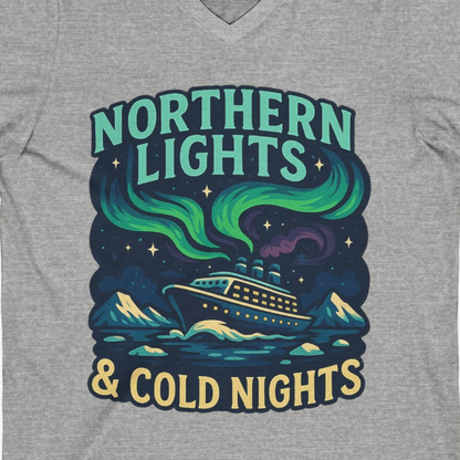 Northern Lights Alaska Cruise Ship Night Adventure Travel Shirt — V-Neck V-Neck Shirt – Athletic Heather – Alaska Cruise Shirts Close Up