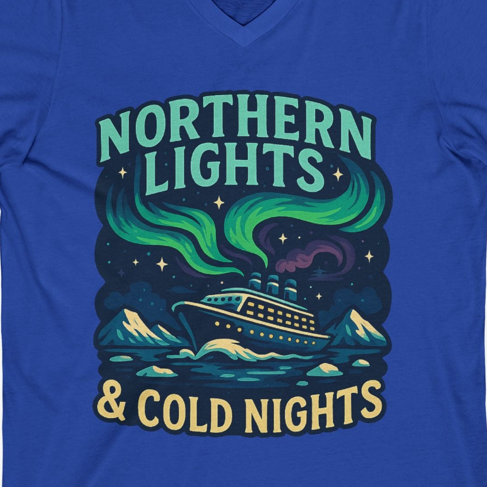 Northern Lights Alaska Cruise Ship Night Adventure Travel Shirt — V-Neck V-Neck Shirt – True Royal – Alaska Cruise Shirts Close Up