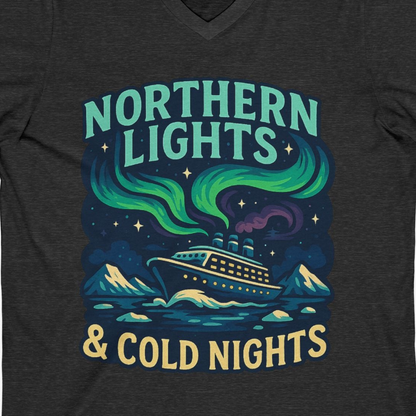 Northern Lights Alaska Cruise Ship Night Adventure Travel Shirt — V-Neck V-Neck Shirt – Dark Grey Heather – Alaska Cruise Shirts Close Up