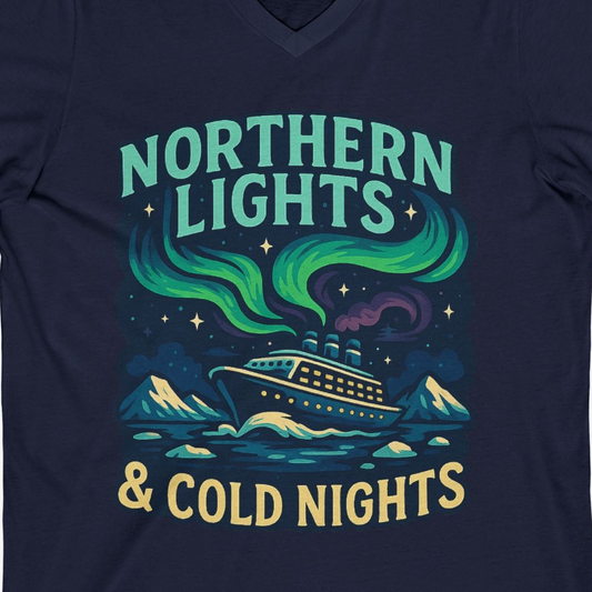 Northern Lights Alaska Cruise Ship Night Adventure Travel Shirt — V-Neck V-Neck Shirt – Navy – Alaska Cruise Shirts Close Up