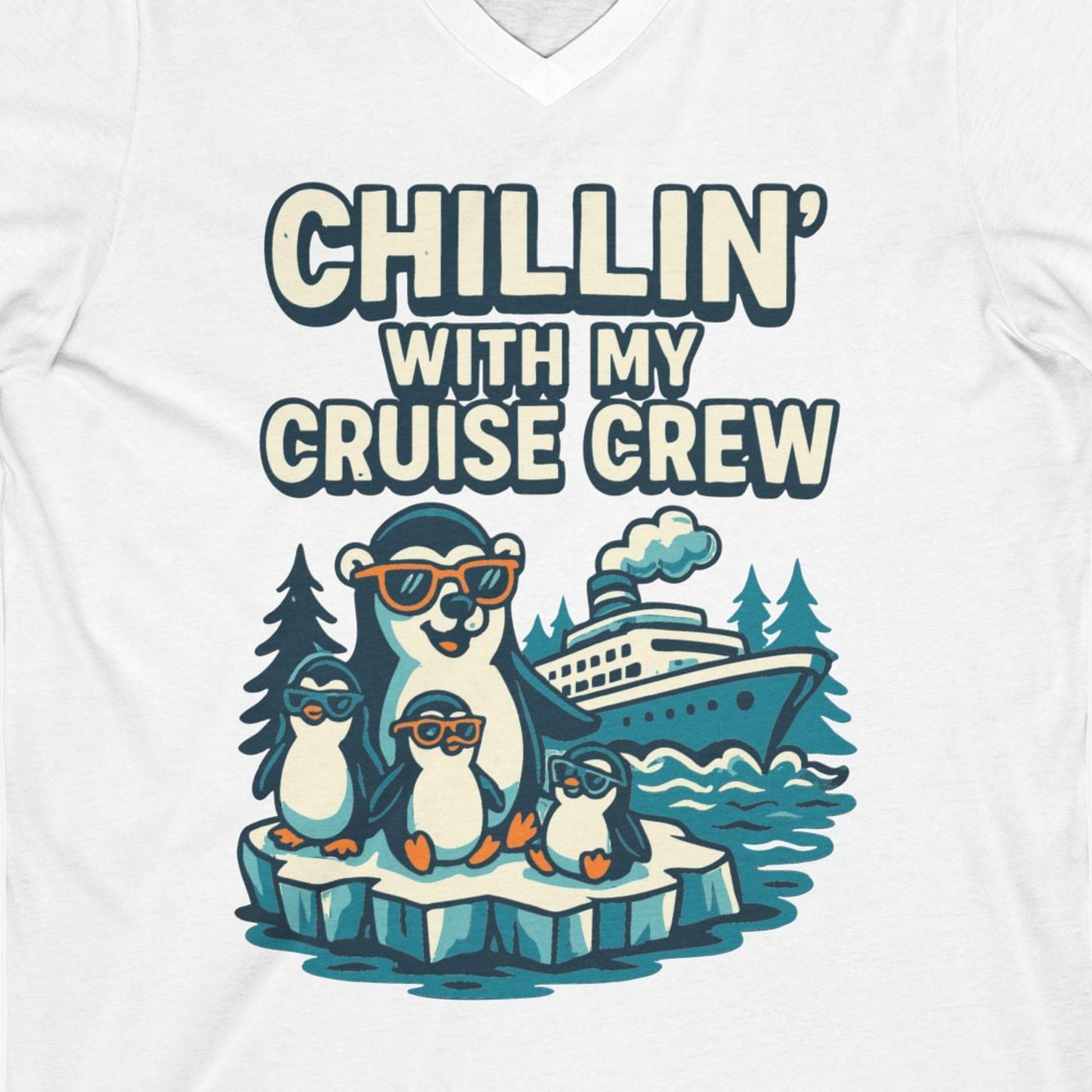 Chillin With My Cruise Crew Cute Penguins Alaska Cartoon Shirt — V-Neck V-Neck Shirt – White – Alaska Cruise Shirts Close Up