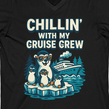 Chillin With My Cruise Crew Cute Penguins Alaska Cartoon Shirt — V-Neck V-Neck Shirt – Black – Alaska Cruise Shirts Close Up