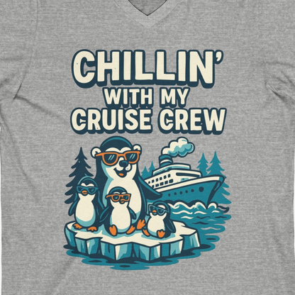 Chillin With My Cruise Crew Cute Penguins Alaska Cartoon Shirt — V-Neck V-Neck Shirt – Athletic Heather – Alaska Cruise Shirts Close Up