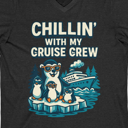 Chillin With My Cruise Crew Cute Penguins Alaska Cartoon Shirt — V-Neck V-Neck Shirt – Dark Grey Heather – Alaska Cruise Shirts Close Up