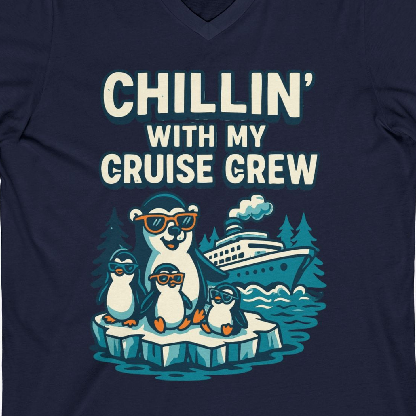 Chillin With My Cruise Crew Cute Penguins Alaska Cartoon Shirt — V-Neck V-Neck Shirt – Navy – Alaska Cruise Shirts Close Up