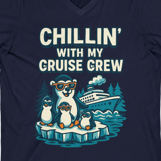 Chillin With My Cruise Crew Cute Penguins Alaska Cartoon Shirt — V-Neck V-Neck Shirt – Navy – Alaska Cruise Shirts Close Up