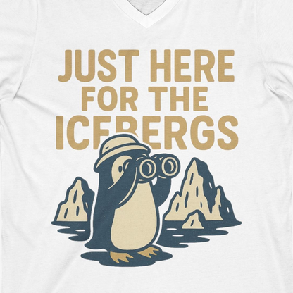 Just Here For The Icebergs Penguin Shirt V-Neck Shirt – White – Alaska Cruise Shirts Close Up
