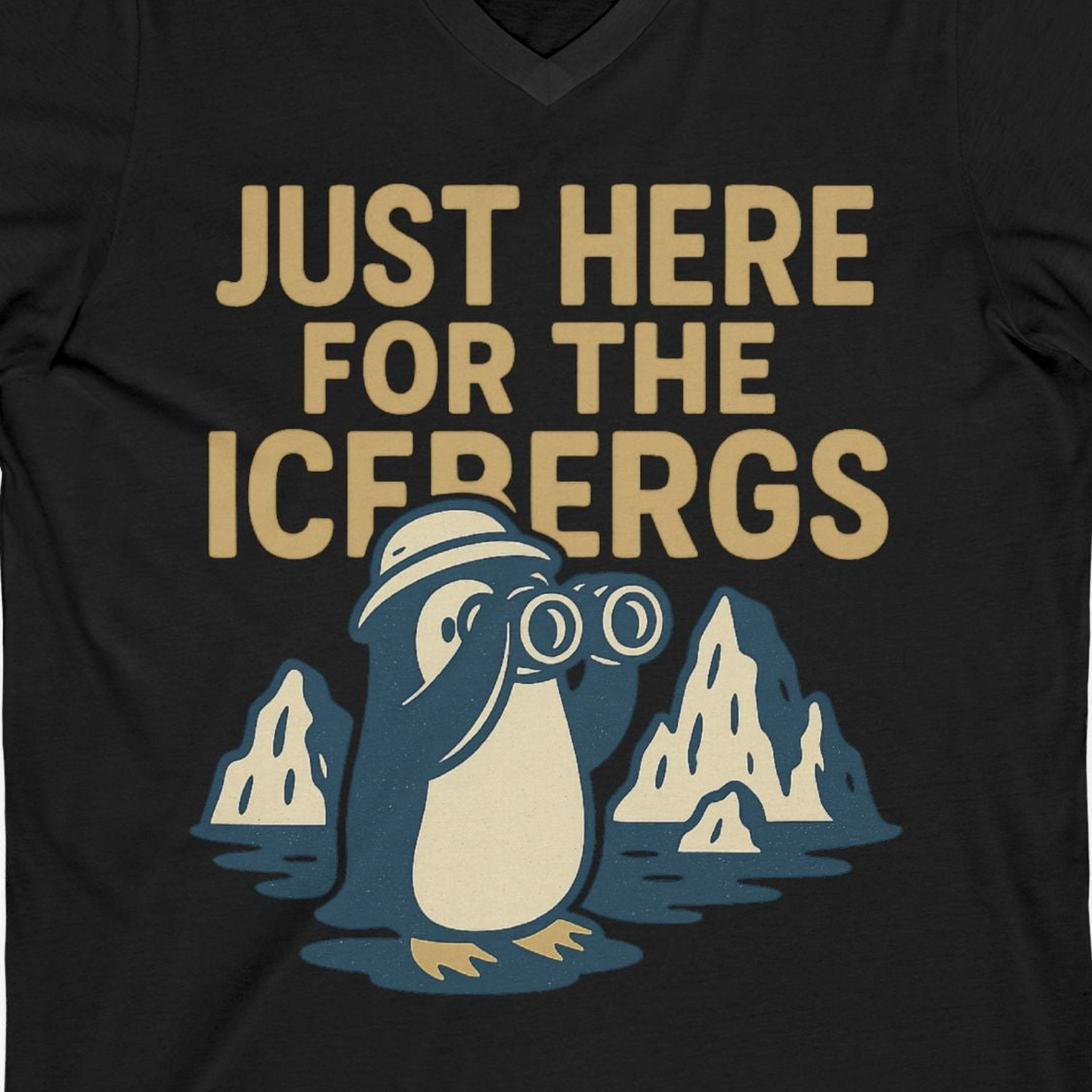 Just Here For The Icebergs Penguin Shirt V-Neck Shirt – Black – Alaska Cruise Shirts Close Up