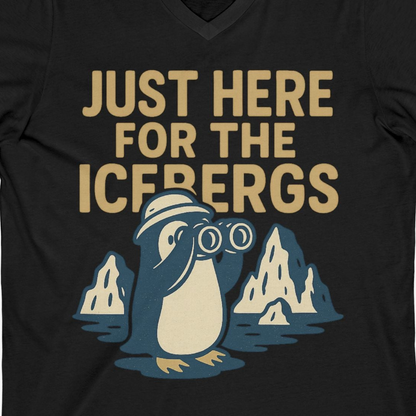Just Here For The Icebergs Penguin Shirt V-Neck Shirt – Black – Alaska Cruise Shirts Close Up