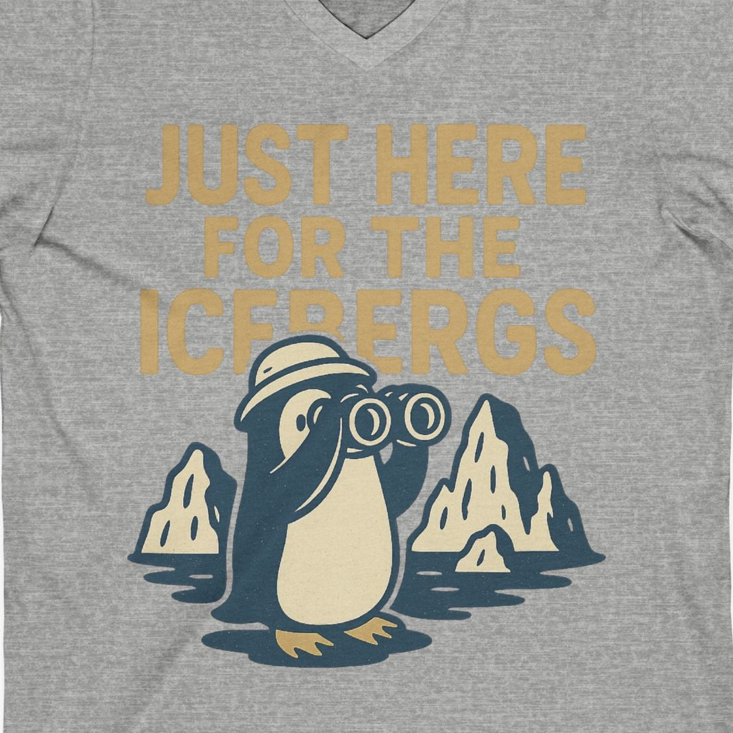 Just Here For The Icebergs Penguin Shirt V-Neck Shirt – Athletic Heather – Alaska Cruise Shirts Close Up