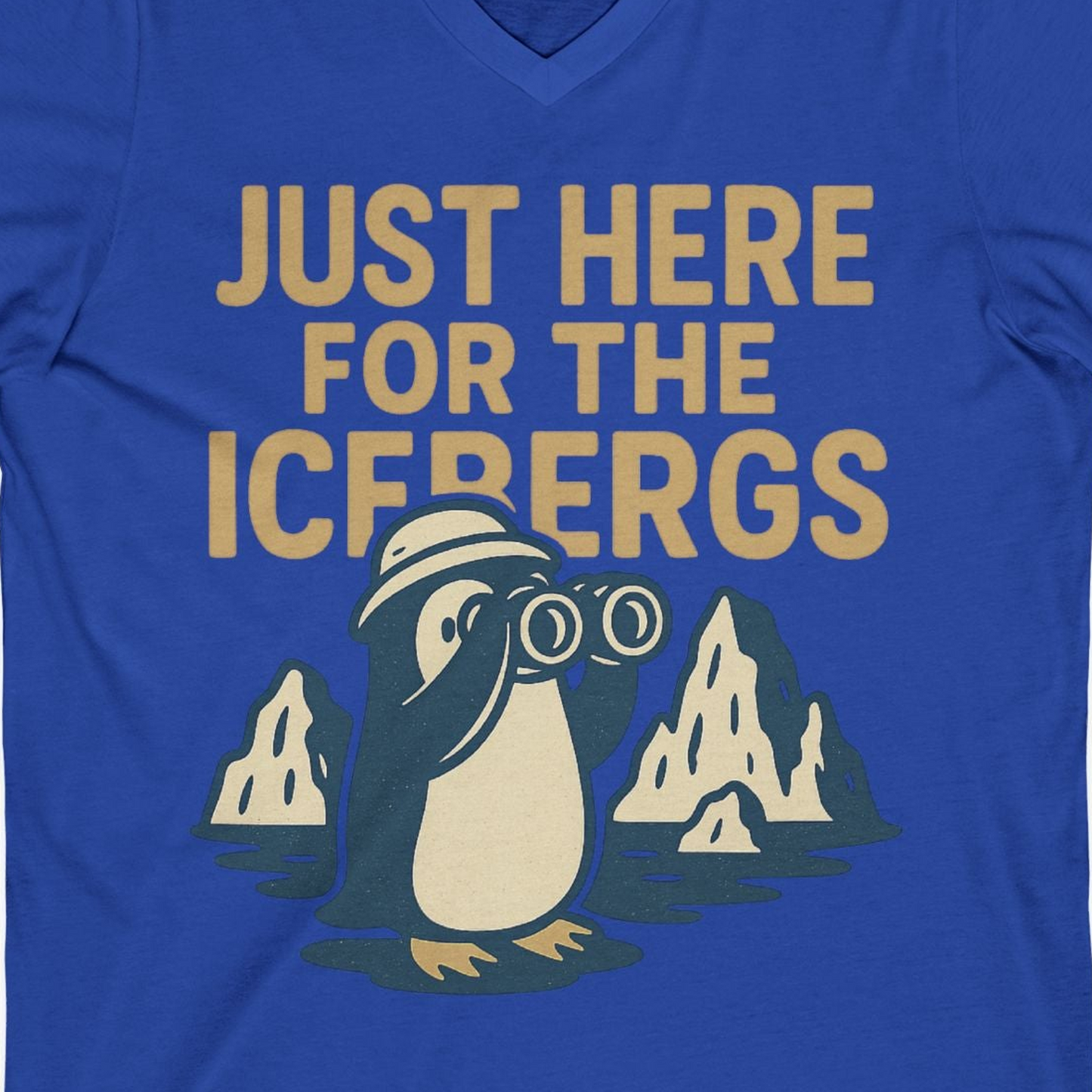 Just Here For The Icebergs Penguin Shirt V-Neck Shirt – True Royal – Alaska Cruise Shirts Close Up