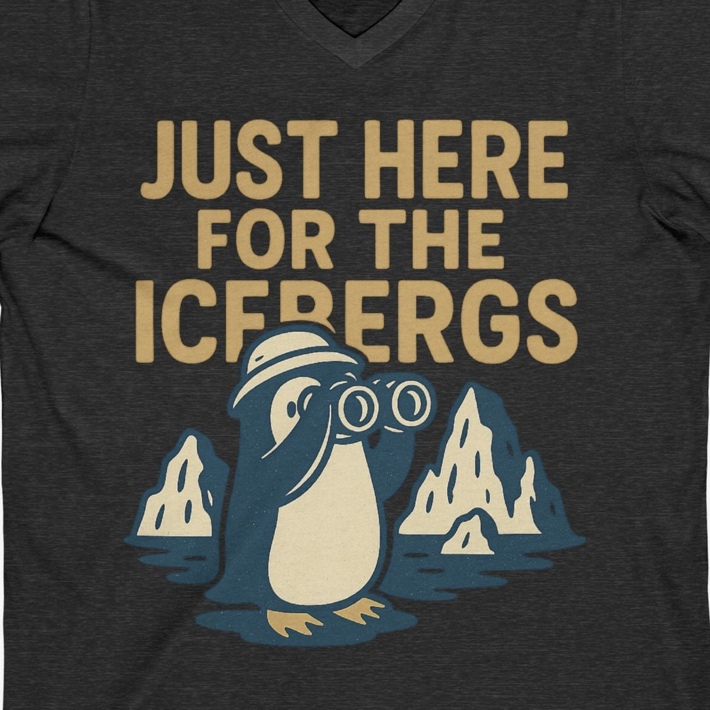 Just Here For The Icebergs Penguin Shirt V-Neck Shirt – Dark Grey Heather – Alaska Cruise Shirts Close Up