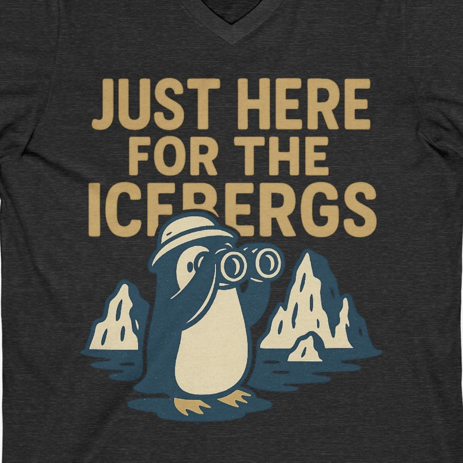 Just Here For The Icebergs Penguin Shirt V-Neck Shirt – Dark Grey Heather – Alaska Cruise Shirts Close Up