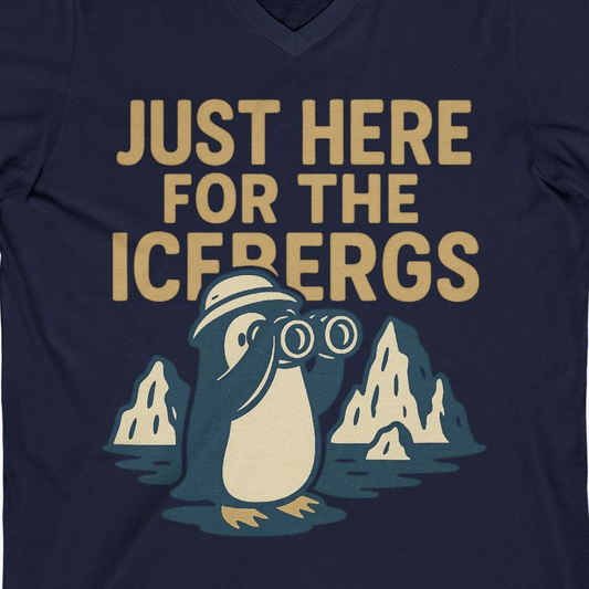Just Here For The Icebergs Penguin Shirt V-Neck Shirt – Navy – Alaska Cruise Shirts Close Up
