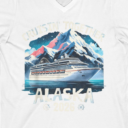 Alaska Cruise 2026 Shirt V-Neck Shirt – White – Alaska Cruise Shirts Close Up