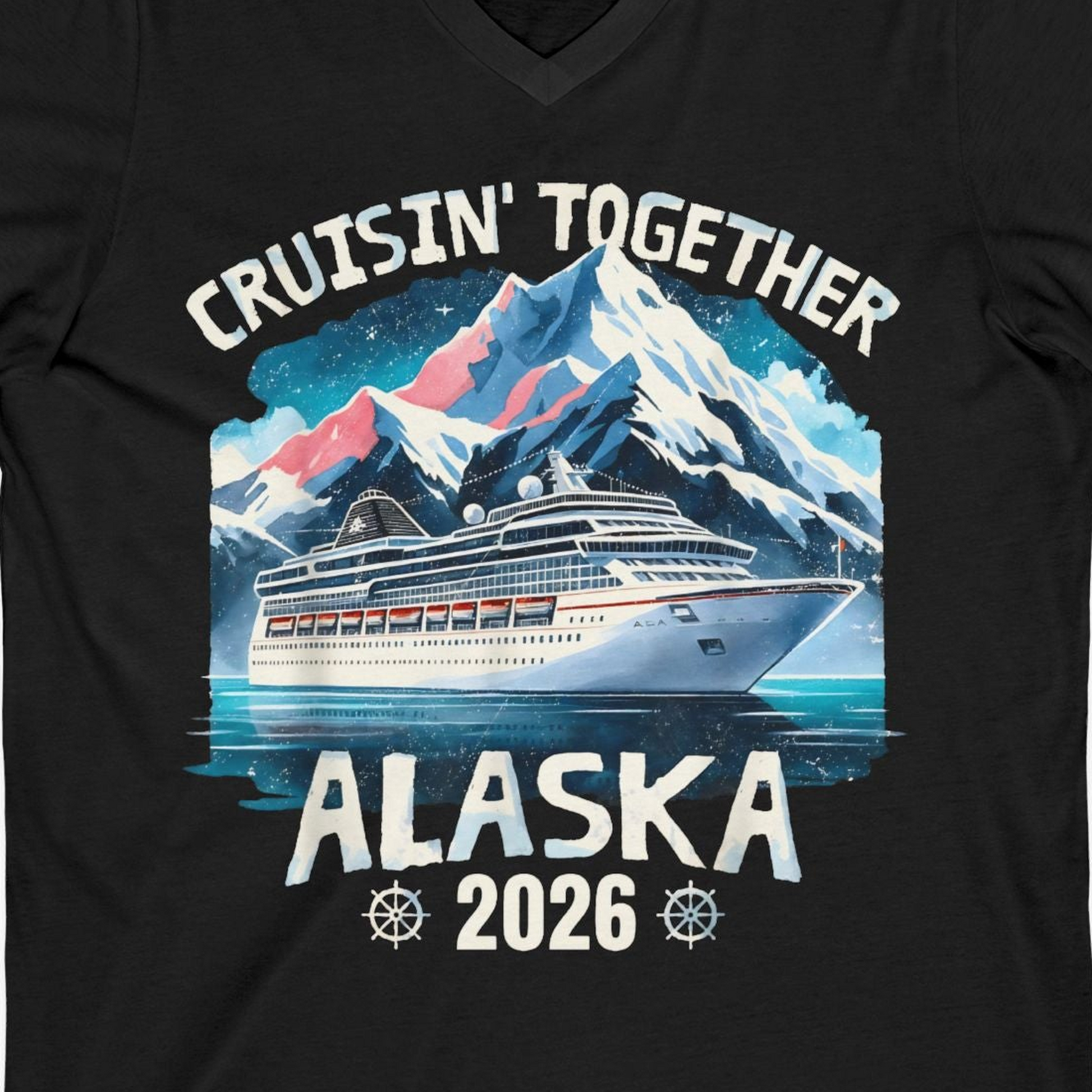 Alaska Cruise 2026 Shirt V-Neck Shirt – Black – Alaska Cruise Shirts Close Up