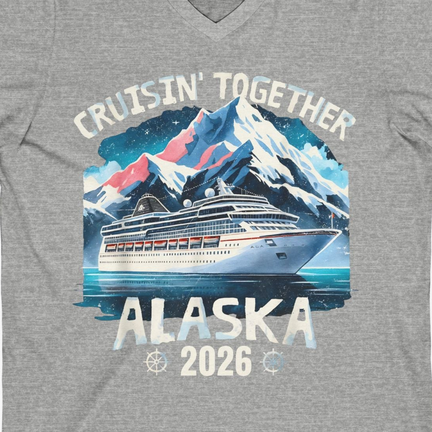 Alaska Cruise 2026 Shirt V-Neck Shirt – Athletic Heather – Alaska Cruise Shirts Close Up