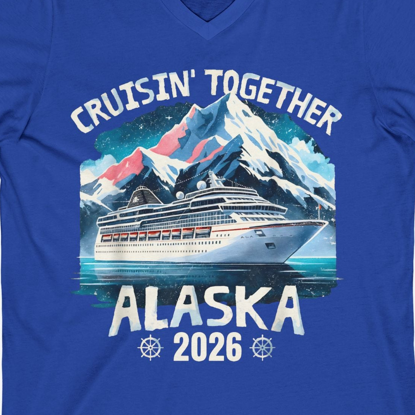 Alaska Cruise 2026 Shirt V-Neck Shirt – True Royal – Alaska Cruise Shirts Close Up
