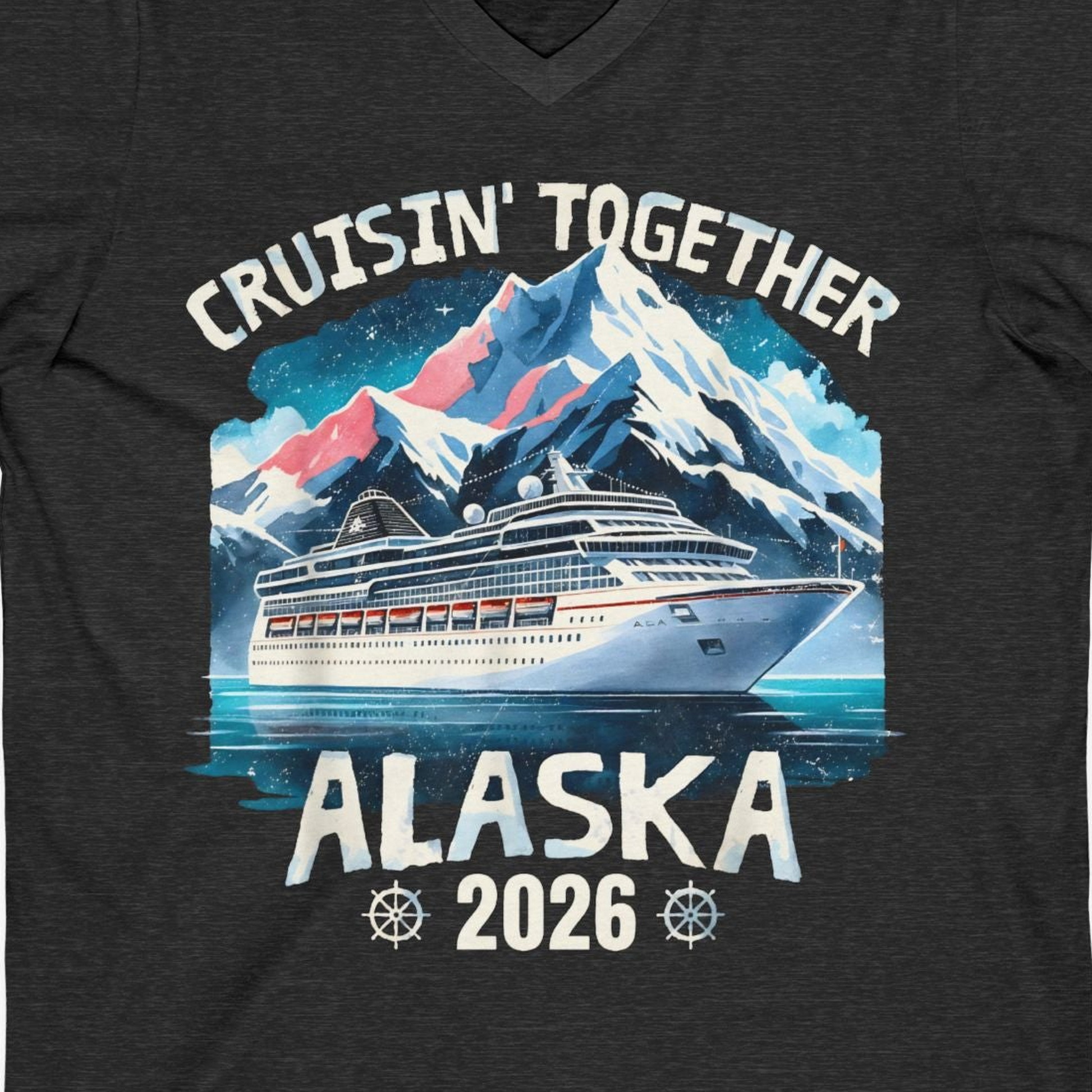 Alaska Cruise 2026 Shirt V-Neck Shirt – Dark Grey Heather – Alaska Cruise Shirts Close Up