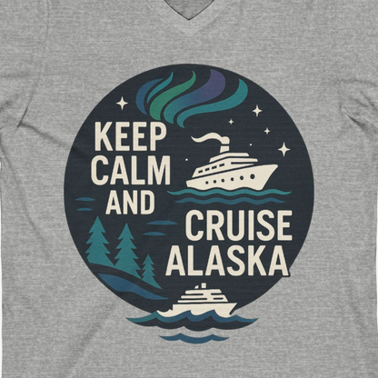 Keep Calm Cruise Alaska Shirt V-Neck Shirt – Athletic Heather – Alaska Cruise Shirts Close Up
