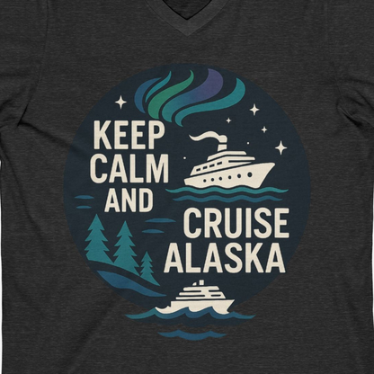 Keep Calm Cruise Alaska Shirt V-Neck Shirt – Dark Grey Heather – Alaska Cruise Shirts Close Up