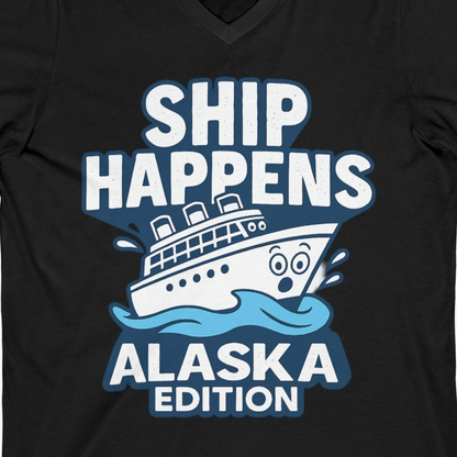 Ship Happens Alaska Cruise Shirt V-Neck Shirt – Black – Alaska Cruise Shirts Close Up