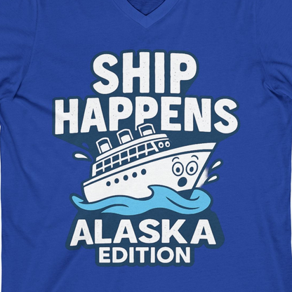 Ship Happens Alaska Cruise Shirt V-Neck Shirt – True Royal – Alaska Cruise Shirts Close Up