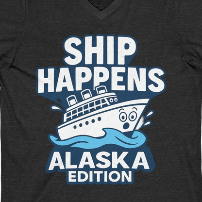 Ship Happens Alaska Cruise Shirt V-Neck Shirt – Dark Grey Heather – Alaska Cruise Shirts Close Up