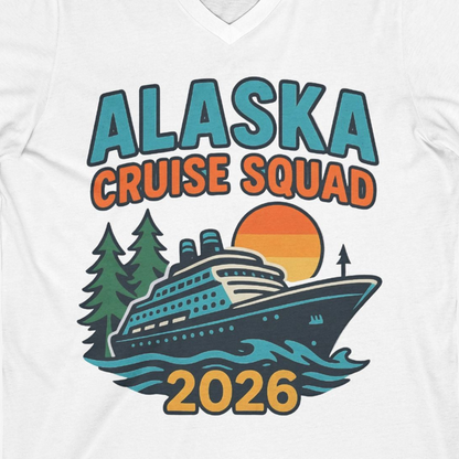 Alaska Cruise Squad Shirt V-Neck Shirt – White – Alaska Cruise Shirts Close Up