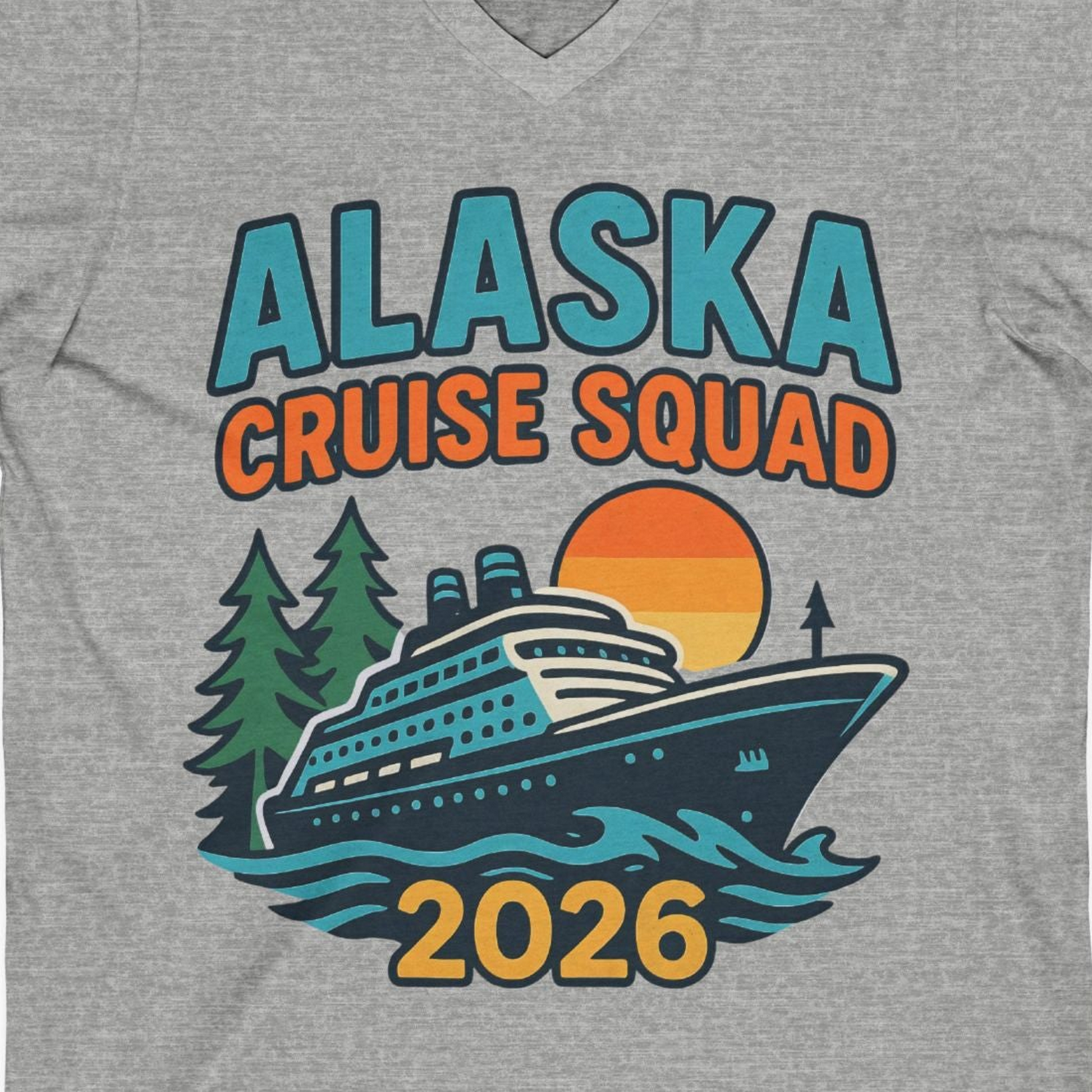 Alaska Cruise Squad Shirt V-Neck Shirt – Athletic Heather – Alaska Cruise Shirts Close Up