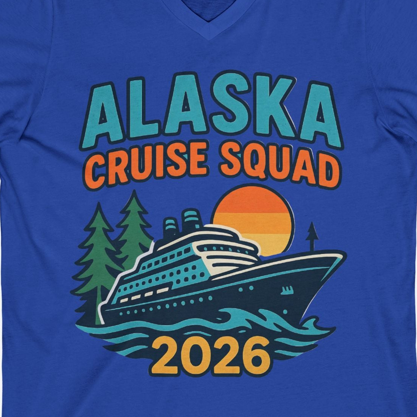 Alaska Cruise Squad Shirt V-Neck Shirt – True Royal – Alaska Cruise Shirts Close Up