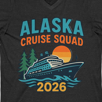 Alaska Cruise Squad Shirt V-Neck Shirt – Dark Grey Heather – Alaska Cruise Shirts Close Up