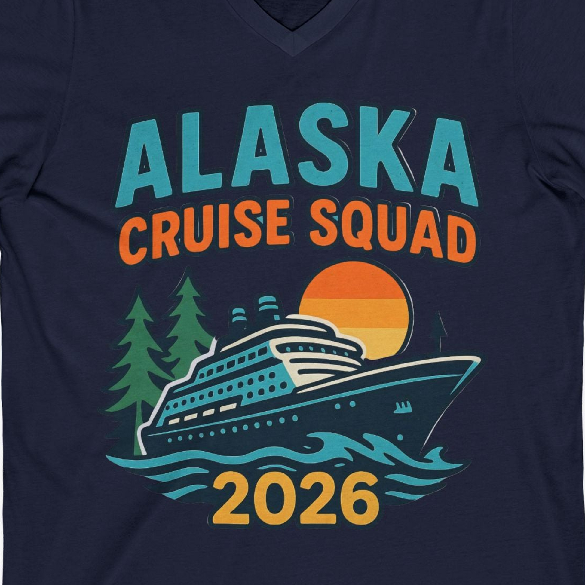 Alaska Cruise Squad Shirt V-Neck Shirt – Navy – Alaska Cruise Shirts Close Up