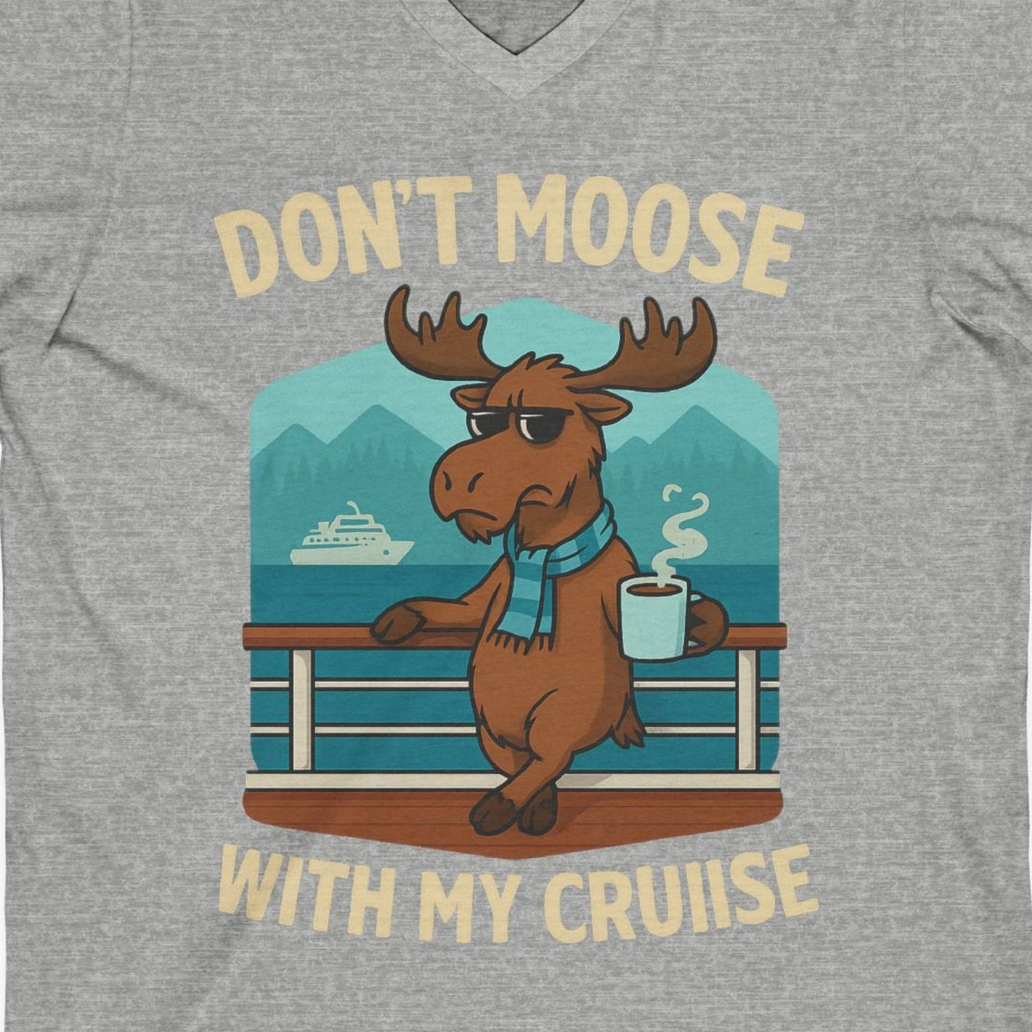 Funny Moose on Alaska Cruise Ship Shirt V-Neck Shirt – Athletic Heather – Alaska Cruise Shirts Close Up