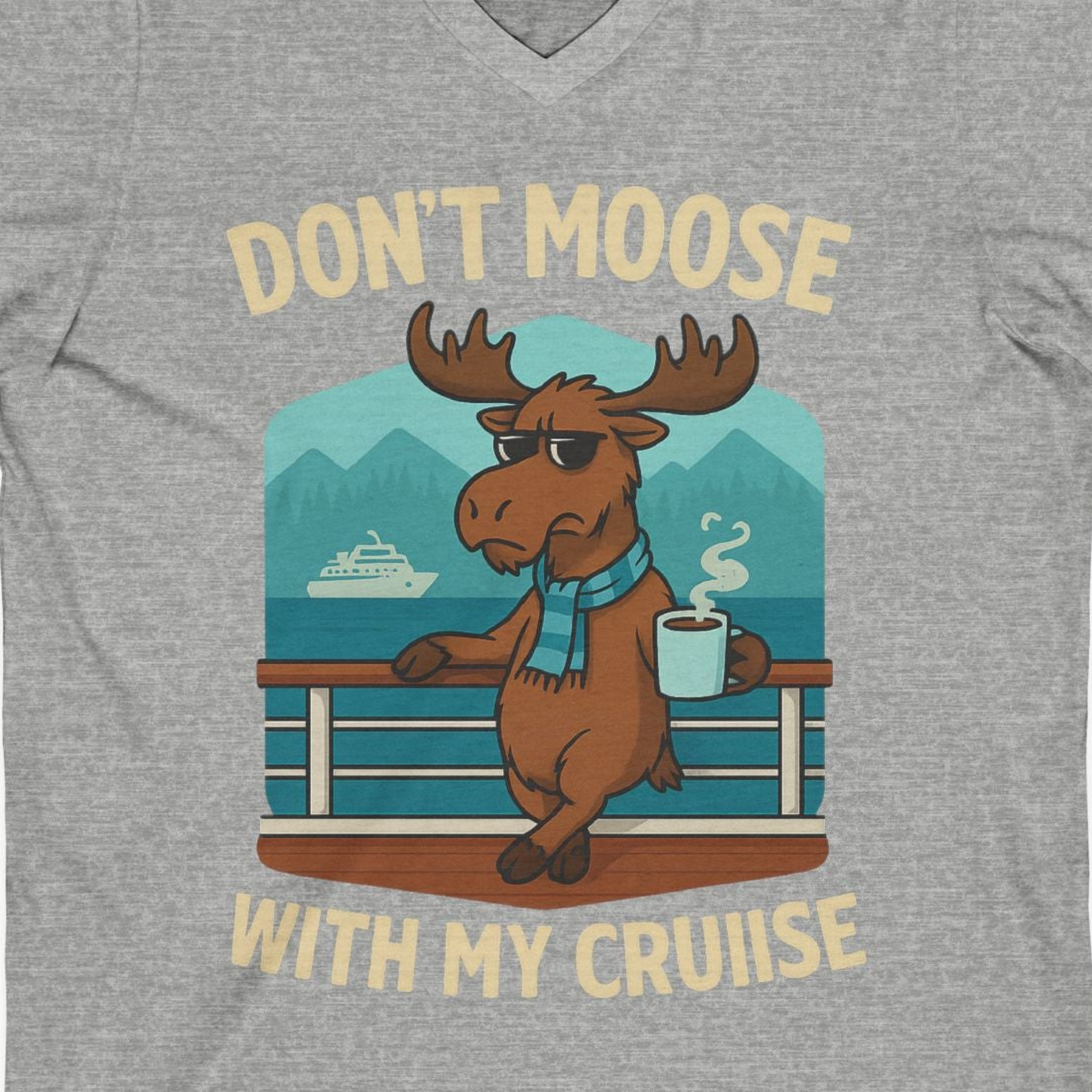 Funny Moose on Alaska Cruise Ship Shirt V-Neck Shirt – Athletic Heather – Alaska Cruise Shirts Close Up