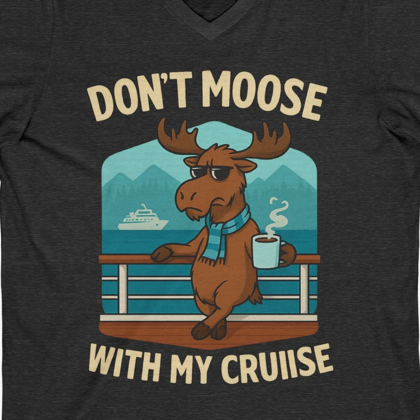 Funny Moose on Alaska Cruise Ship Shirt V-Neck Shirt – Dark Grey Heather – Alaska Cruise Shirts Close Up