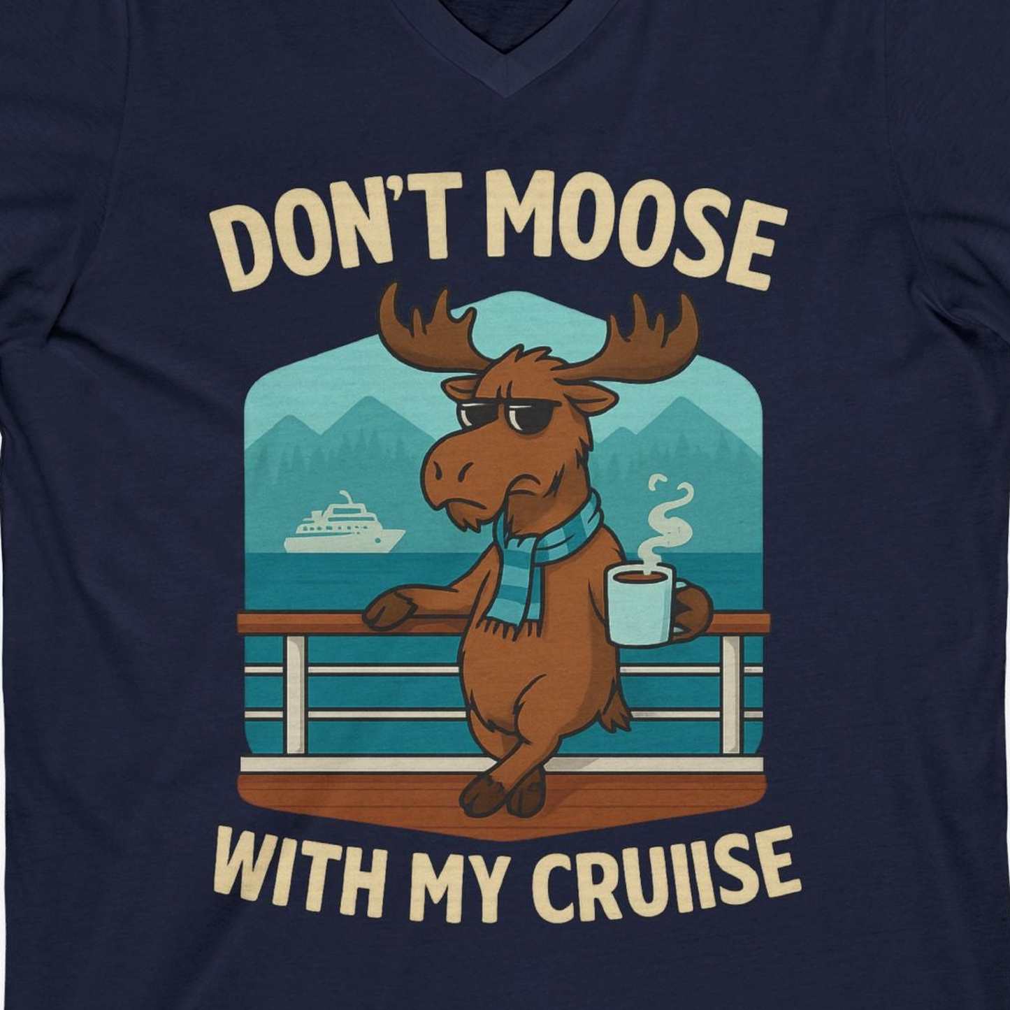 Funny Moose on Alaska Cruise Ship Shirt V-Neck Shirt – Navy – Alaska Cruise Shirts Close Up