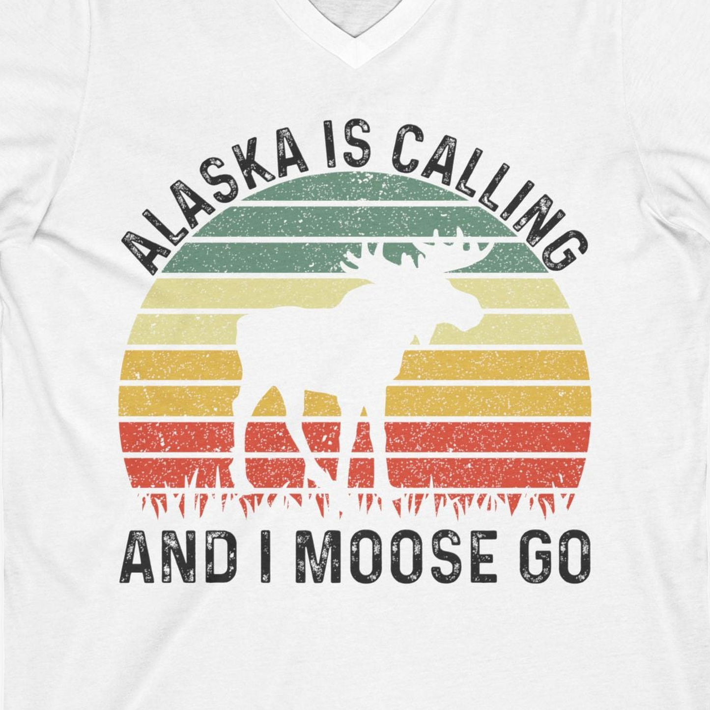 Alaska Is Calling And I Moose Go Retro Sunset Moose Graphic Shirt — V-Neck V-Neck Shirt – White – Alaska Cruise Shirts Close Up