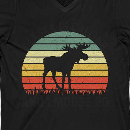 Alaska Is Calling And I Moose Go Retro Sunset Moose Graphic Shirt — V-Neck V-Neck Shirt – Black – Alaska Cruise Shirts Close Up