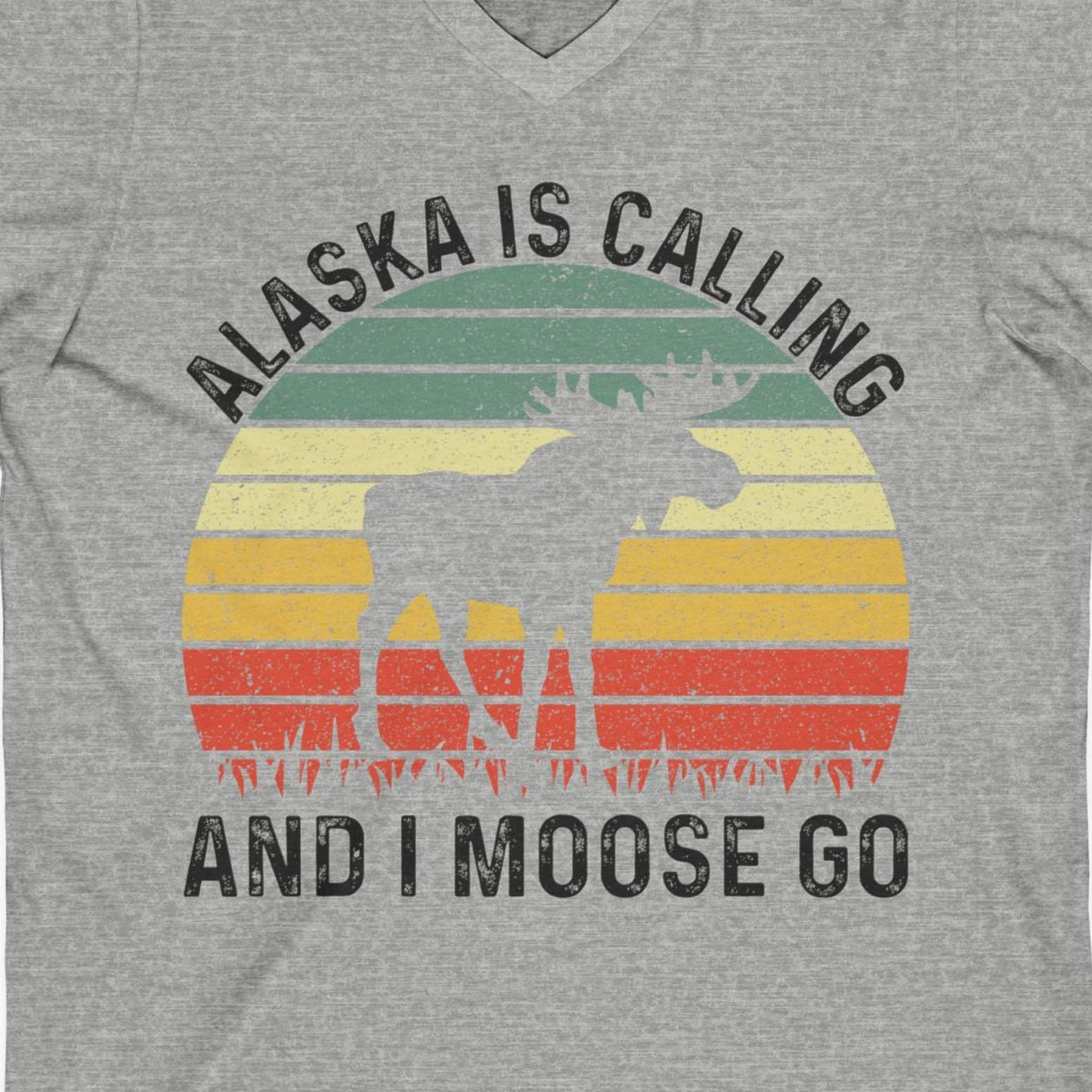 Alaska Is Calling And I Moose Go Retro Sunset Moose Graphic Shirt — V-Neck V-Neck Shirt – Athletic Heather – Alaska Cruise Shirts Close Up