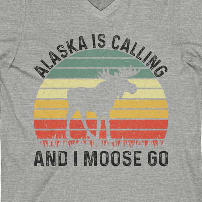 Alaska Is Calling And I Moose Go Retro Sunset Moose Graphic Shirt — V-Neck V-Neck Shirt – Athletic Heather – Alaska Cruise Shirts Close Up