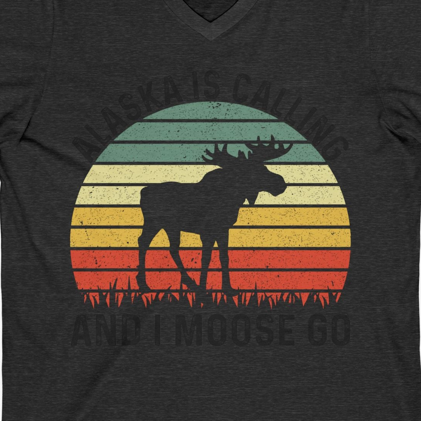 Alaska Is Calling And I Moose Go Retro Sunset Moose Graphic Shirt — V-Neck V-Neck Shirt – Dark Grey Heather – Alaska Cruise Shirts Close Up