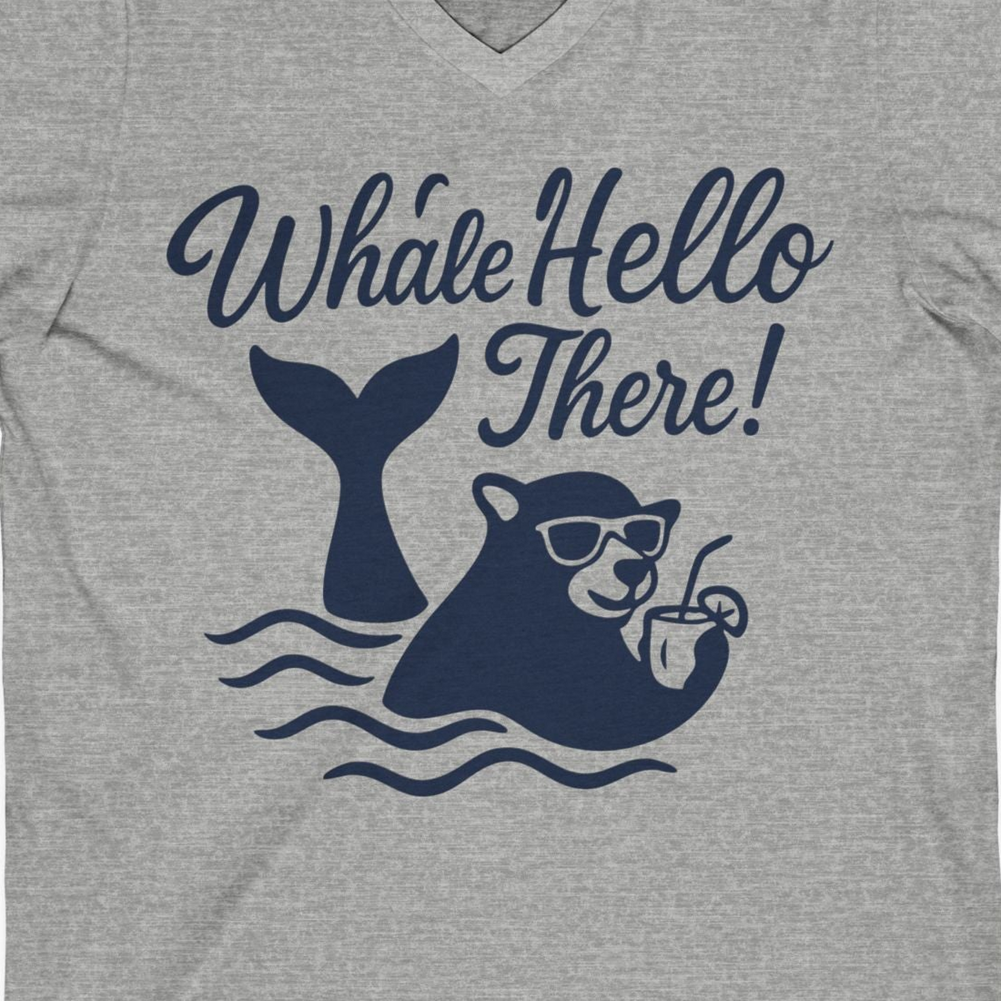 Whale Hello There Shirt V-Neck Shirt – Athletic Heather – Alaska Cruise Shirts Close Up