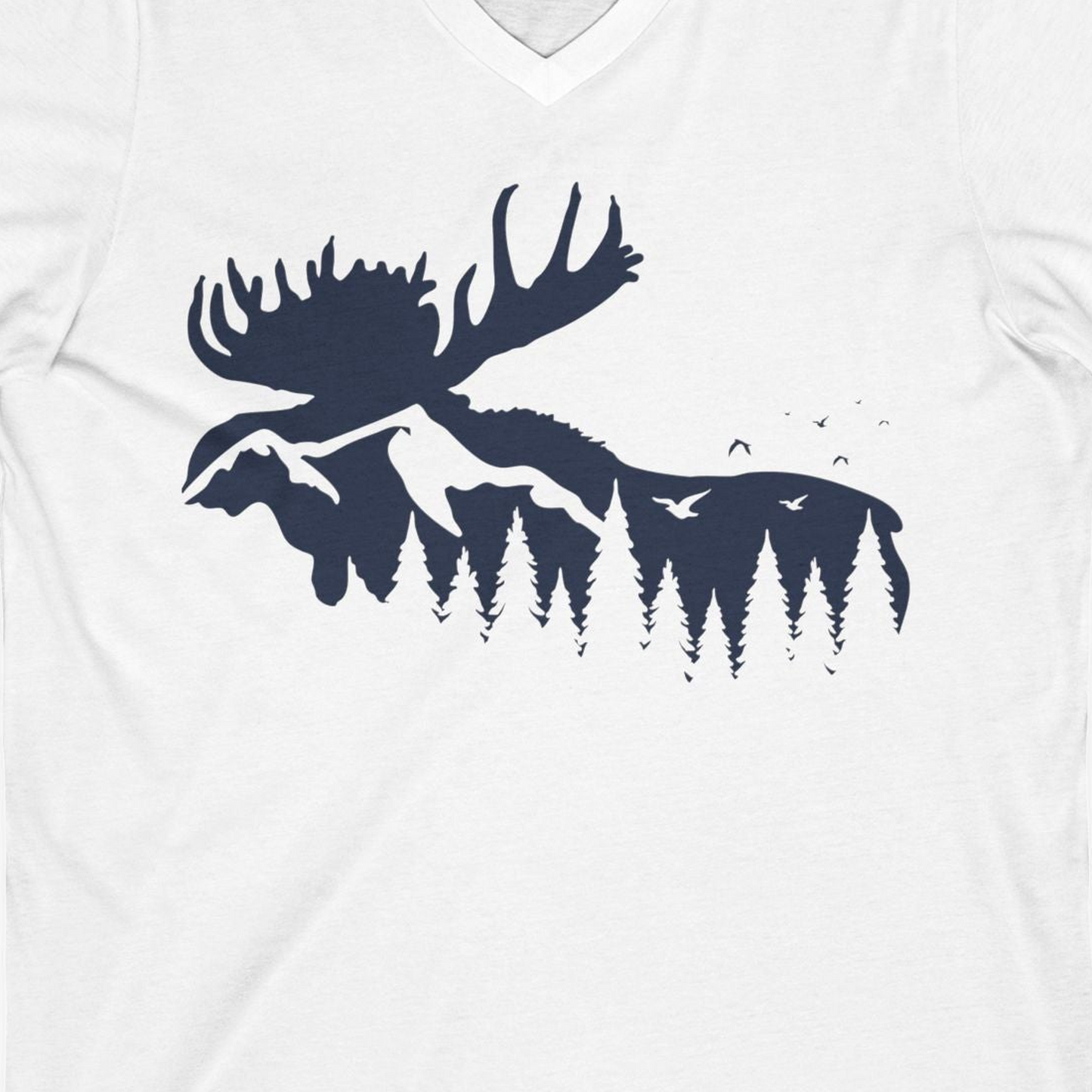Moose Silhouette Forest Scene Shirt V-Neck Shirt – White – Alaska Cruise Shirts Close Up