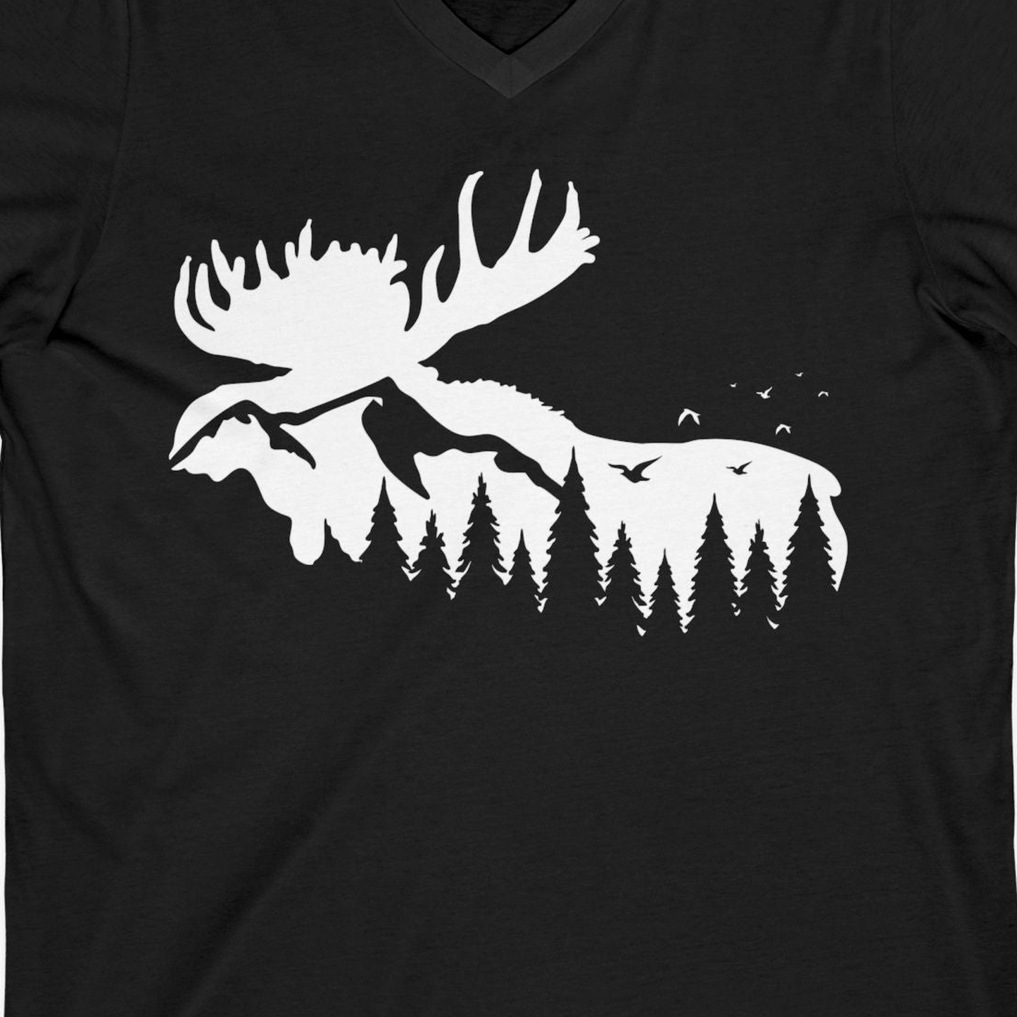 Moose Silhouette Forest Scene Shirt V-Neck Shirt – Black – Alaska Cruise Shirts Close Up