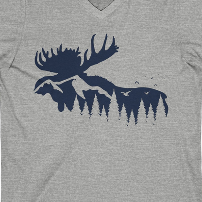 Moose Silhouette Forest Scene Shirt V-Neck Shirt – Athletic Heather – Alaska Cruise Shirts Close Up