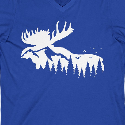 Moose Silhouette Forest Scene Shirt V-Neck Shirt – True Royal – Alaska Cruise Shirts Close Up