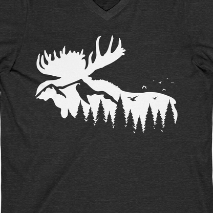 Moose Silhouette Forest Scene Shirt V-Neck Shirt – Dark Grey Heather – Alaska Cruise Shirts Close Up